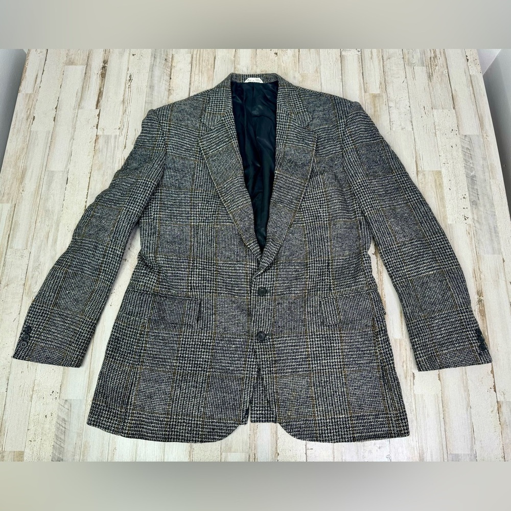 Haggar Mens Sport Coat Two Button Gray Nailshead Glen Checked Silk 44L - Picture 1 of 13